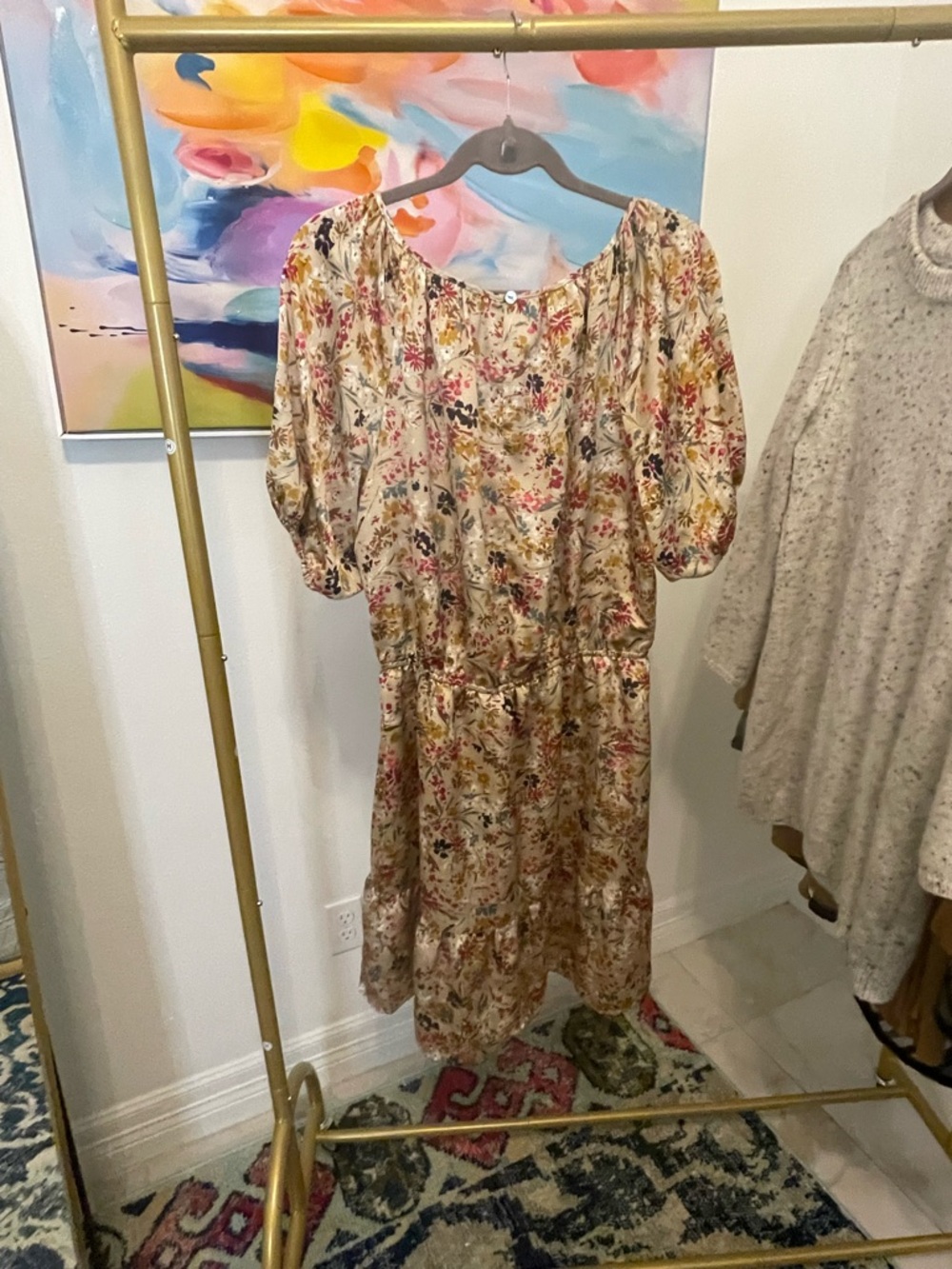 Ann Taylor Floral Elastic-Waist Midi Dress in Cream and Multicolor Large - Picture 3 of 6